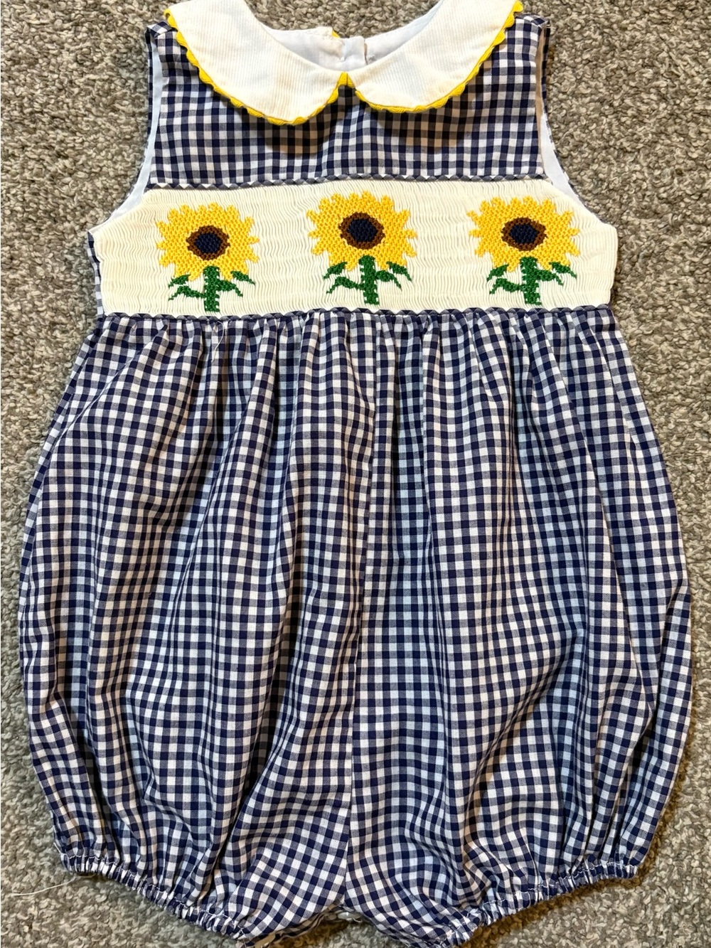 Navy Gingham Sunflower Smocked Bubble Romper